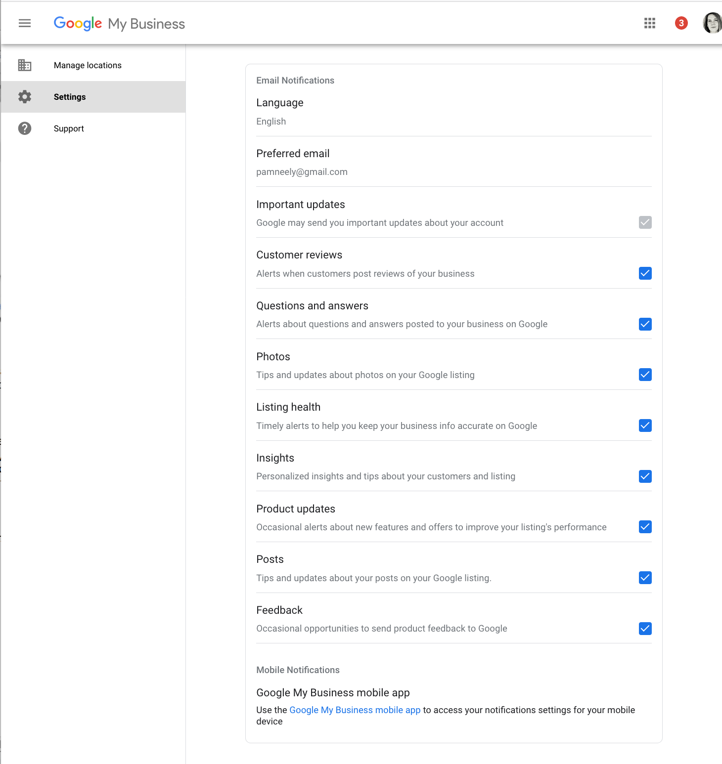 Google My Business notification settings